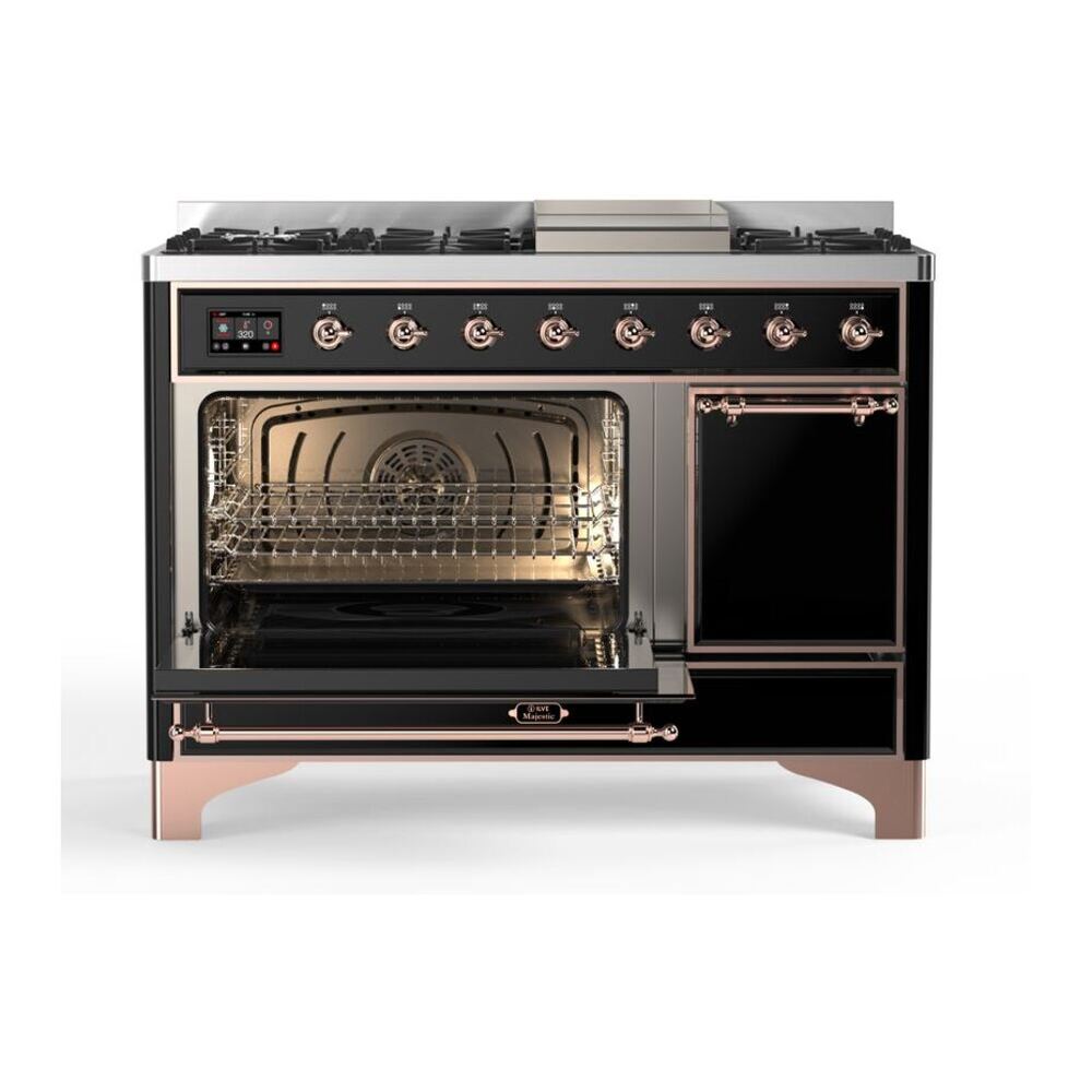 ILVE UM12FDQNS3BKPLP Majestic II 48 inch Dual Fuel Range with 8 Black Brass Burners, Griddle (Liquid Propane, Solid Door, Glossy Black, Copper) 7 ILVE_UM12FDQNS3BKPLP_Majestic_II_48"_Dual_Fuel_Range_Left_Angle
