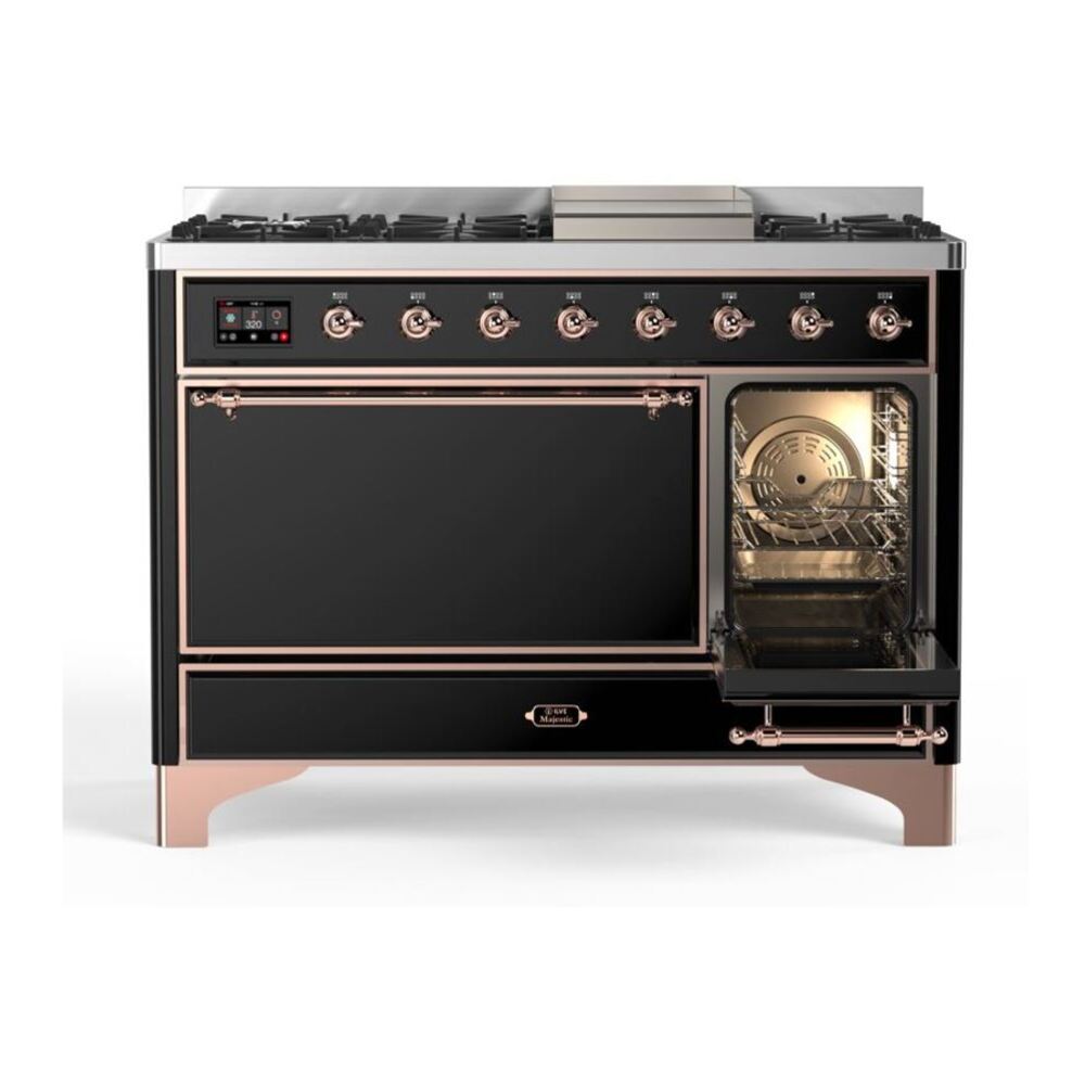 ILVE UM12FDQNS3BKPLP Majestic II 48 inch Dual Fuel Range with 8 Black Brass Burners, Griddle (Liquid Propane, Solid Door, Glossy Black, Copper) 8 ILVE_UM12FDQNS3BKPLP_Majestic_II_48"_Dual_Fuel_Range_Right_Angle