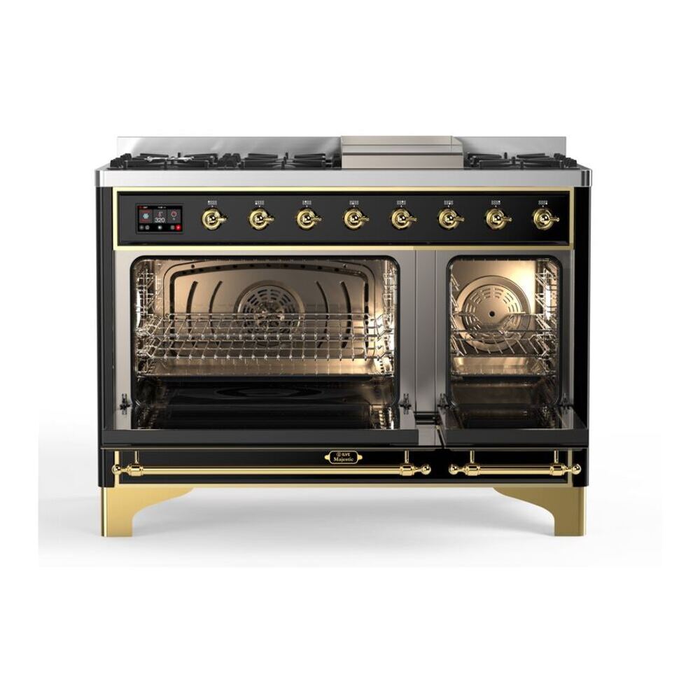 ILVE UM12FDQNS3BKP Majestic II 48 inch Dual Fuel Range with 8 Black Brass Burners, Griddle (Natural Gas, Solid Door, Glossy Black, Copper) 5 ILVE_UM12FDQNS3BKP_Majestic_II_48_Dual_Fuel_Range_Top_Angle