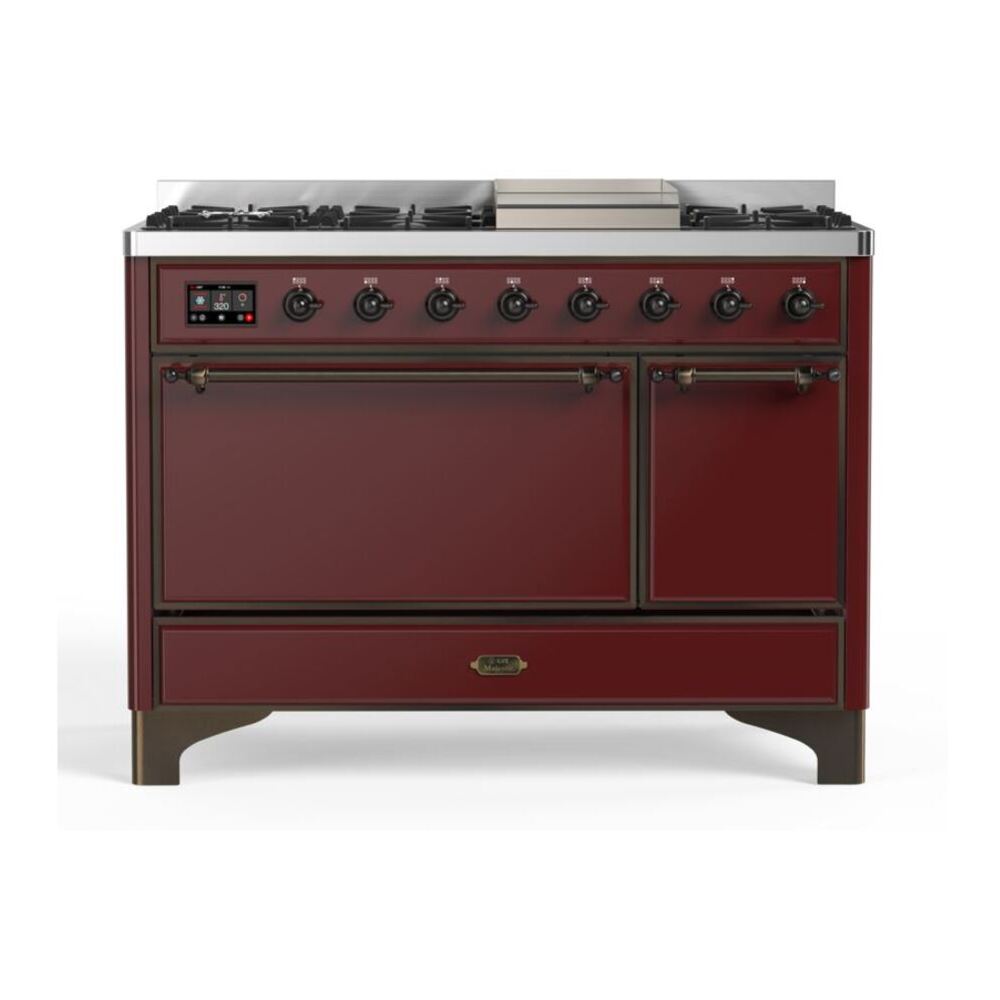 ILVE UM12FDQNS3BUBLP Majestic II 48 inch Dual Fuel Range with 8 Black Brass Burners, Griddle (Liquid Propane, Solid Door, Burgundy, Burnished) 1 UM12FDQNS3BUBLP