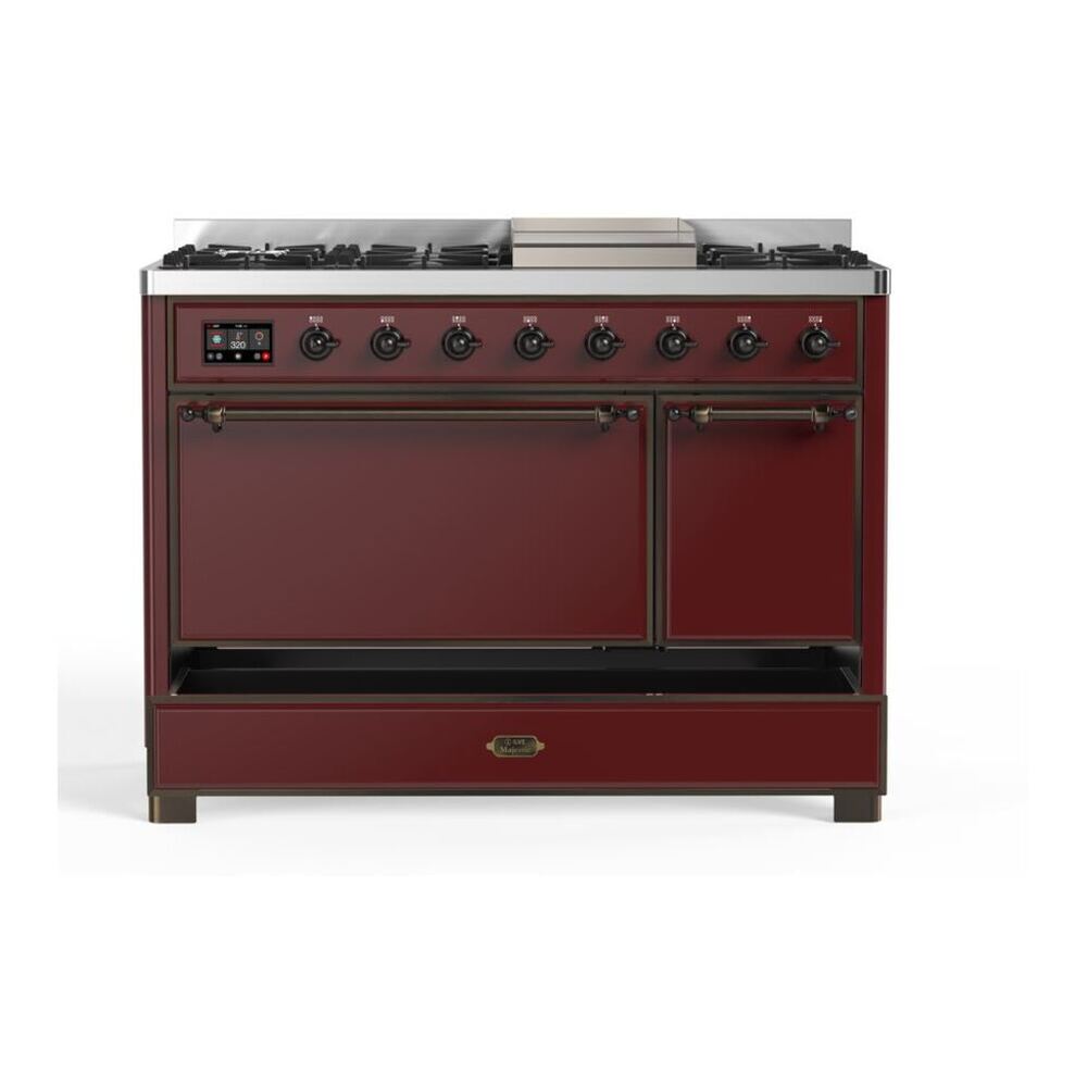 ILVE UM12FDQNS3BUBLP Majestic II 48 inch Dual Fuel Range with 8 Black Brass Burners, Griddle (Liquid Propane, Solid Door, Burgundy, Burnished) 10 ILVE UM12F Majestic II 48 inch Dual Fuel Range with 8 Burners, Griddle
