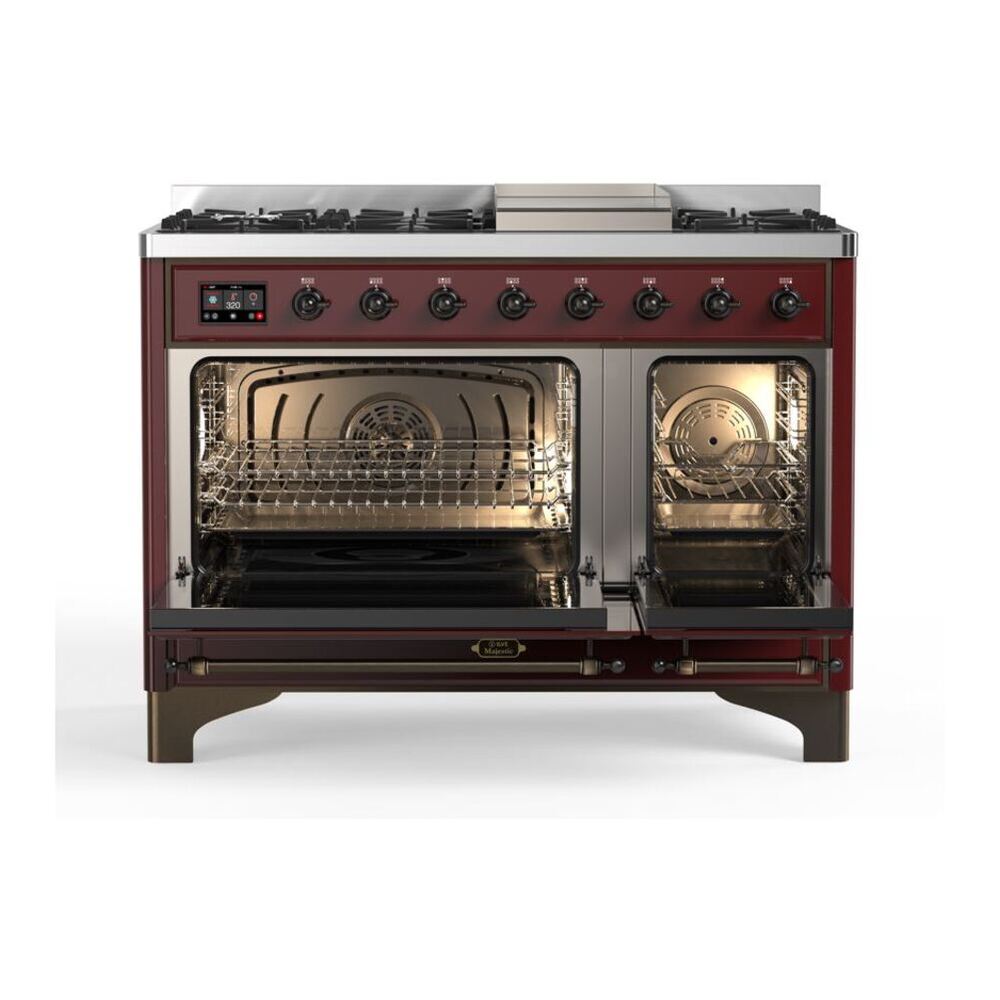 ILVE UM12FDQNS3BUB Majestic II 48 inch Dual Fuel Range with 8 Black Brass Burners, Griddle (Natural Gas, Solid Door, Burgundy, Burnished) 5 ILVE_UM12FDQNS3BUB_Majestic_II_48_Dual_Fuel_Range_Top_Angle