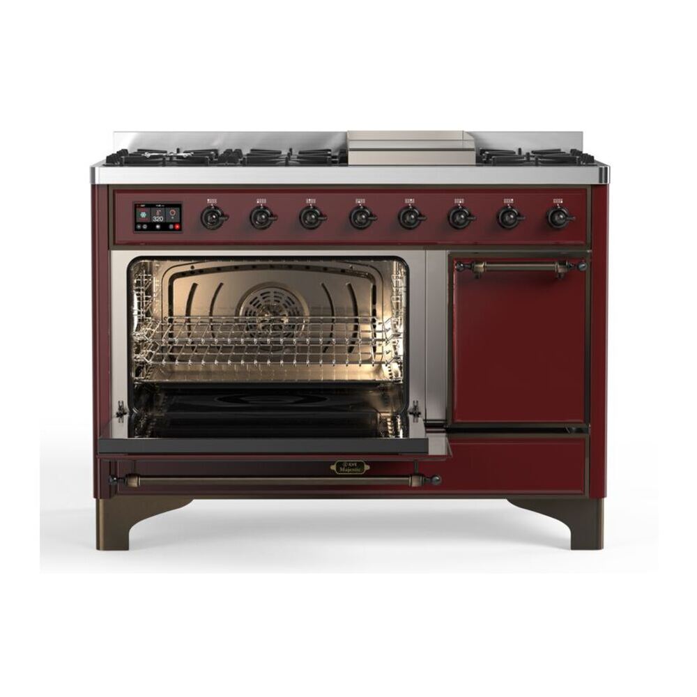 ILVE UM12FDQNS3BUB Majestic II 48 inch Dual Fuel Range with 8 Black Brass Burners, Griddle (Natural Gas, Solid Door, Burgundy, Burnished) 7 ILVE_UM12FDQNS3BUB_Majestic_II_48_Dual_Fuel_Range_Left_Angle