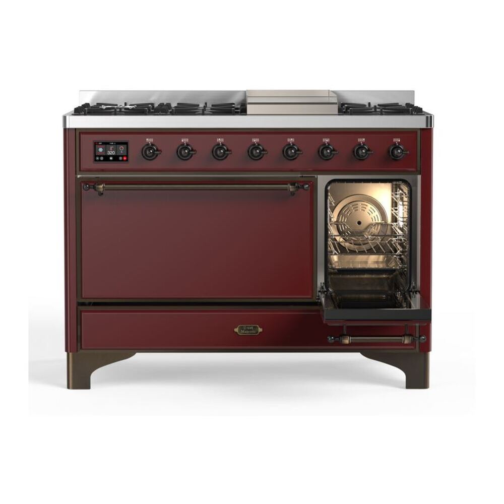 ILVE UM12FDQNS3BUB Majestic II 48 inch Dual Fuel Range with 8 Black Brass Burners, Griddle (Natural Gas, Solid Door, Burgundy, Burnished) 8 ILVE_UM12FDQNS3BUB_Majestic_II_48"_Dual_Fuel_Range_Right_Angle