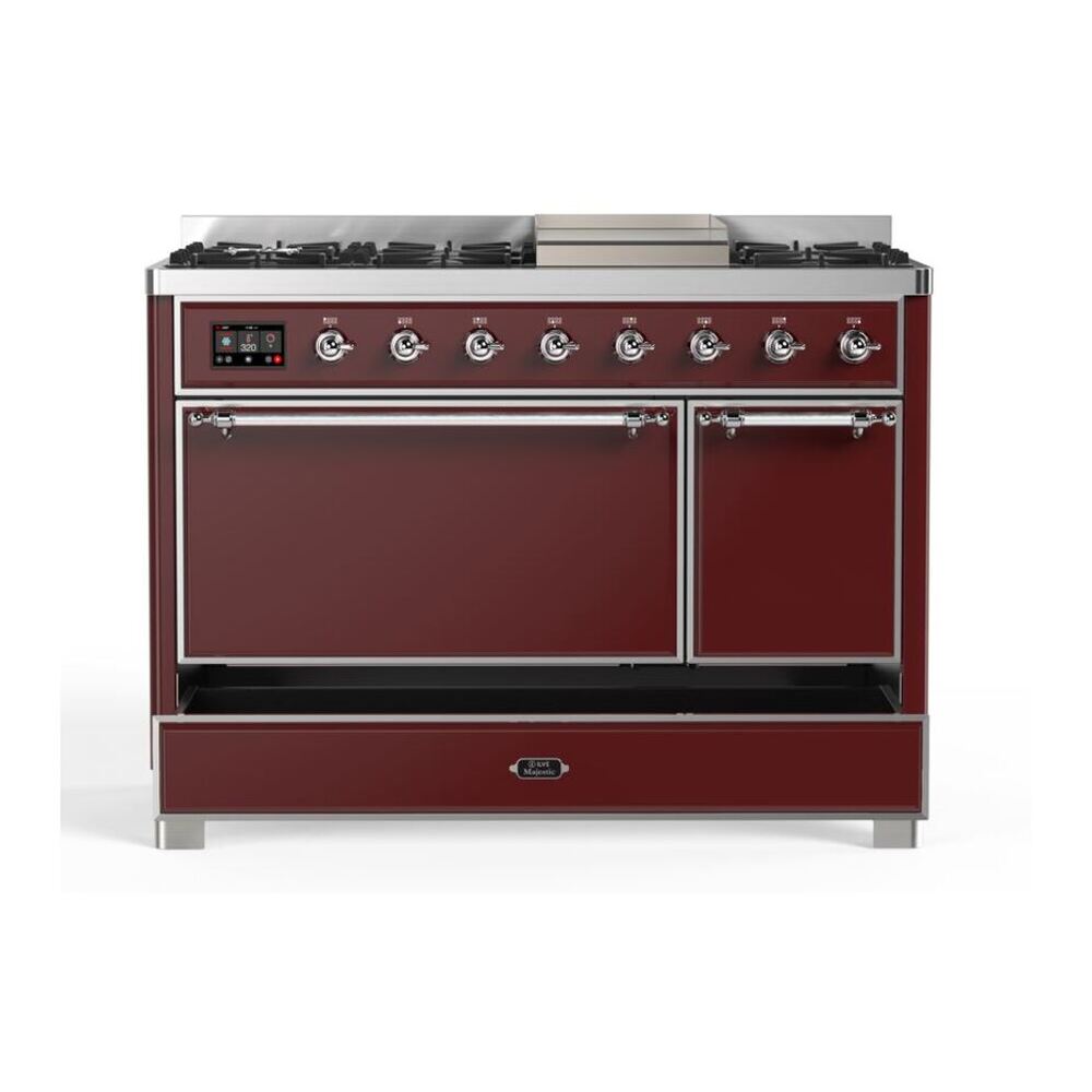 ILVE UM12FDQNS3BUCLP Majestic II 48 inch Dual Fuel Range with 8 Black Brass Burners, Griddle (Liquid Propane, Solid Door, Burgundy, Chrome) 9 ILVE UM12F Majestic II 48 inch Dual Fuel Range with 8 Burners, Griddle