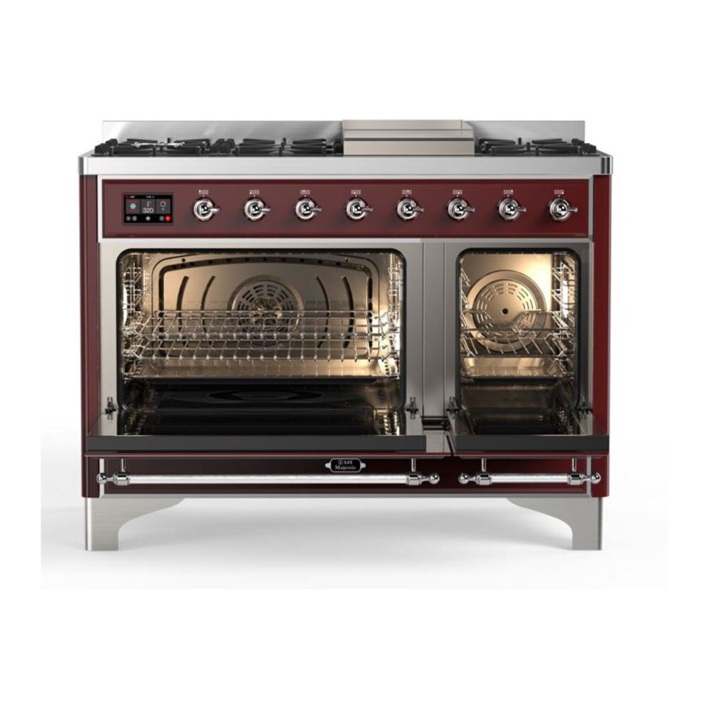 ILVE UM12FDQNS3BUCLP Majestic II 48 inch Dual Fuel Range with 8 Black Brass Burners, Griddle (Liquid Propane, Solid Door, Burgundy, Chrome) 5 ILVE_UM12FDQNS3BUCLP_Majestic_II_48"_Dual_Fuel_Range_Top_Angle