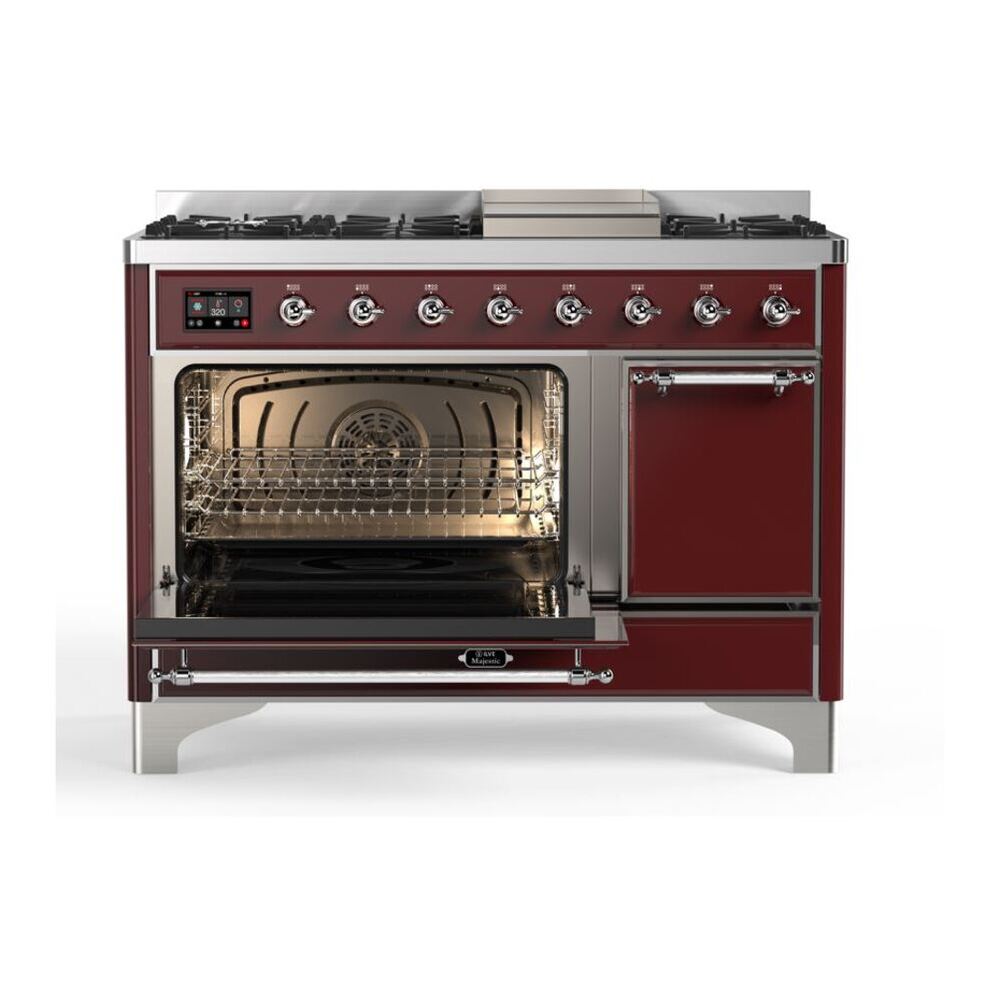 ILVE UM12FDQNS3BUCLP Majestic II 48 inch Dual Fuel Range with 8 Black Brass Burners, Griddle (Liquid Propane, Solid Door, Burgundy, Chrome) 7 ILVE_UM12FDQNS3BUCLP_Majestic_II_48"_Dual_Fuel_Range_Left_Angle