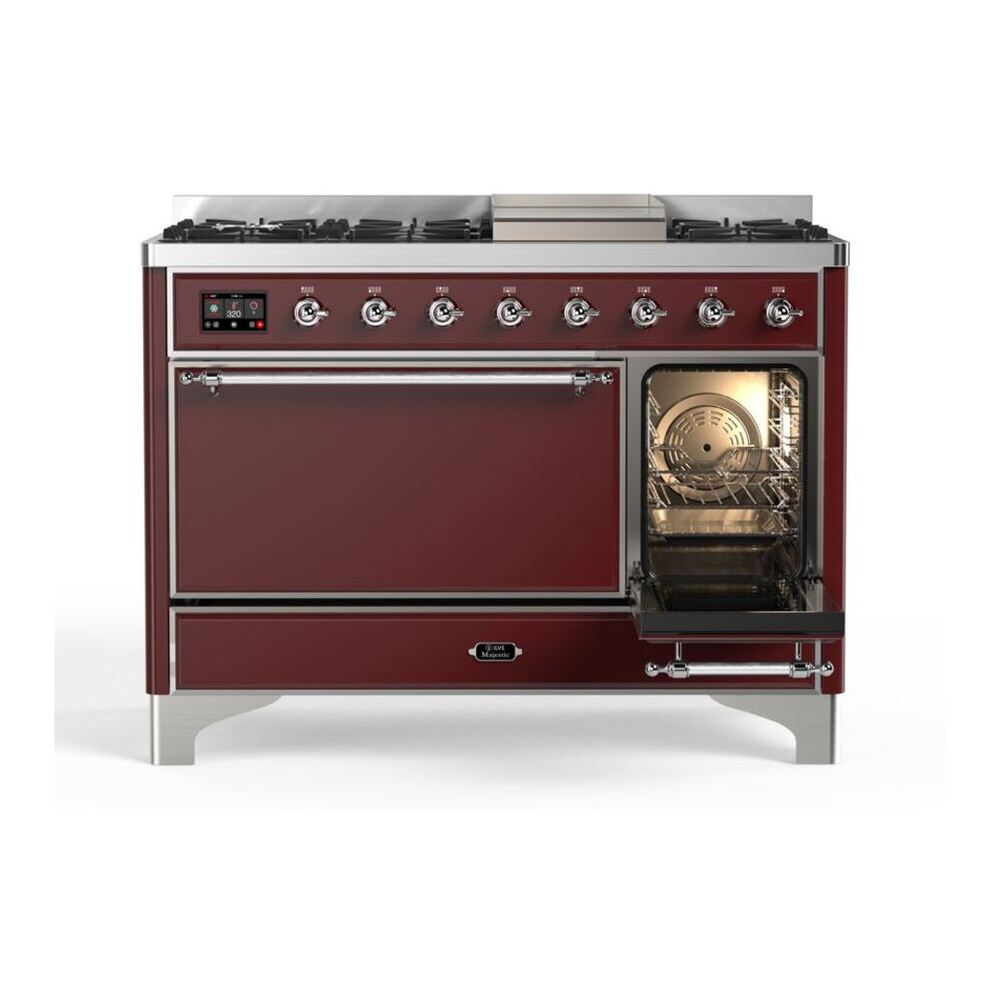 ILVE UM12FDQNS3BUC Majestic II 48 inch Dual Fuel Range with 8 Black Brass Burners, Griddle (Natural Gas, Solid Door, Burgundy, Chrome) 7 ILVE_UM12FDQNS3BUC_Majestic_II_48"_Dual_Fuel_Range_Right_Angle