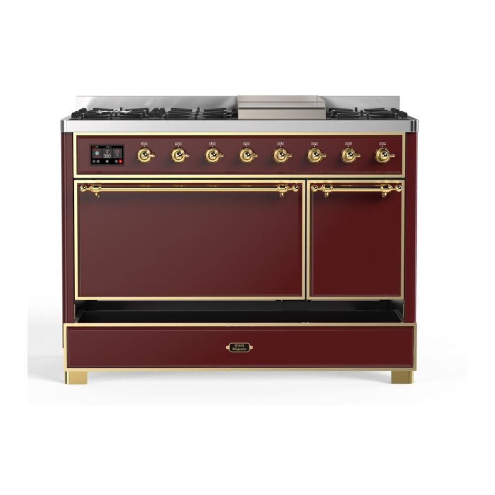 ILVE UM12FDQNS3BUGLP Majestic II 48 inch Dual Fuel Range with 8 Black Brass Burners, Griddle (Liquid Propane, Solid Door, Burgundy, Brass) 9 ILVE UM12F Majestic II 48 inch Dual Fuel Range with 8 Burners, Griddle
