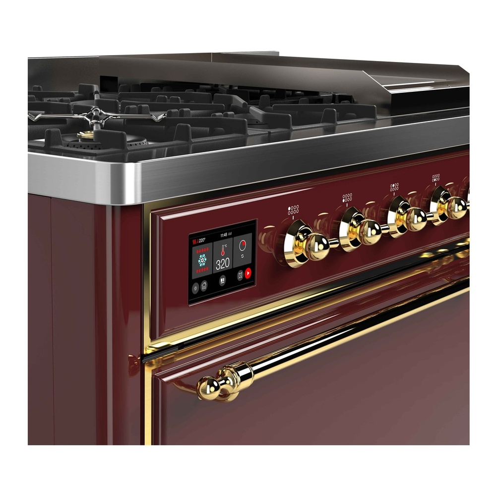 ILVE UM12FDQNS3BUGLP Majestic II 48 inch Dual Fuel Range with 8 Black Brass Burners, Griddle (Liquid Propane, Solid Door, Burgundy, Brass) 6 ILVE UM12F Majestic II 48 inch Dual Fuel Range with 8 Burners, Griddle