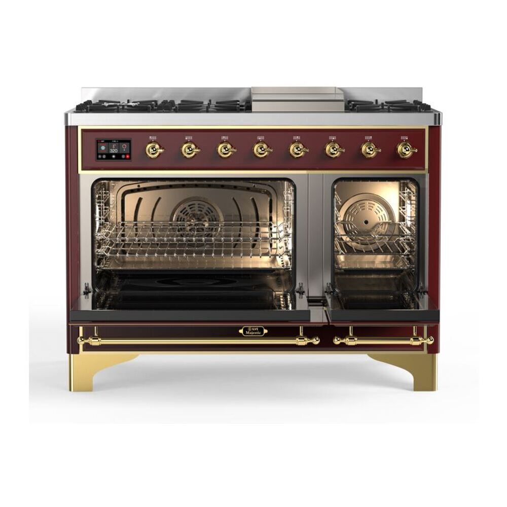 ILVE UM12FDQNS3BUGLP Majestic II 48 inch Dual Fuel Range with 8 Black Brass Burners, Griddle (Liquid Propane, Solid Door, Burgundy, Brass) 5 ILVE_UM12FDQNS3BUGLP_Majestic_II_48"_Dual_Fuel_Range_Top_Angle
