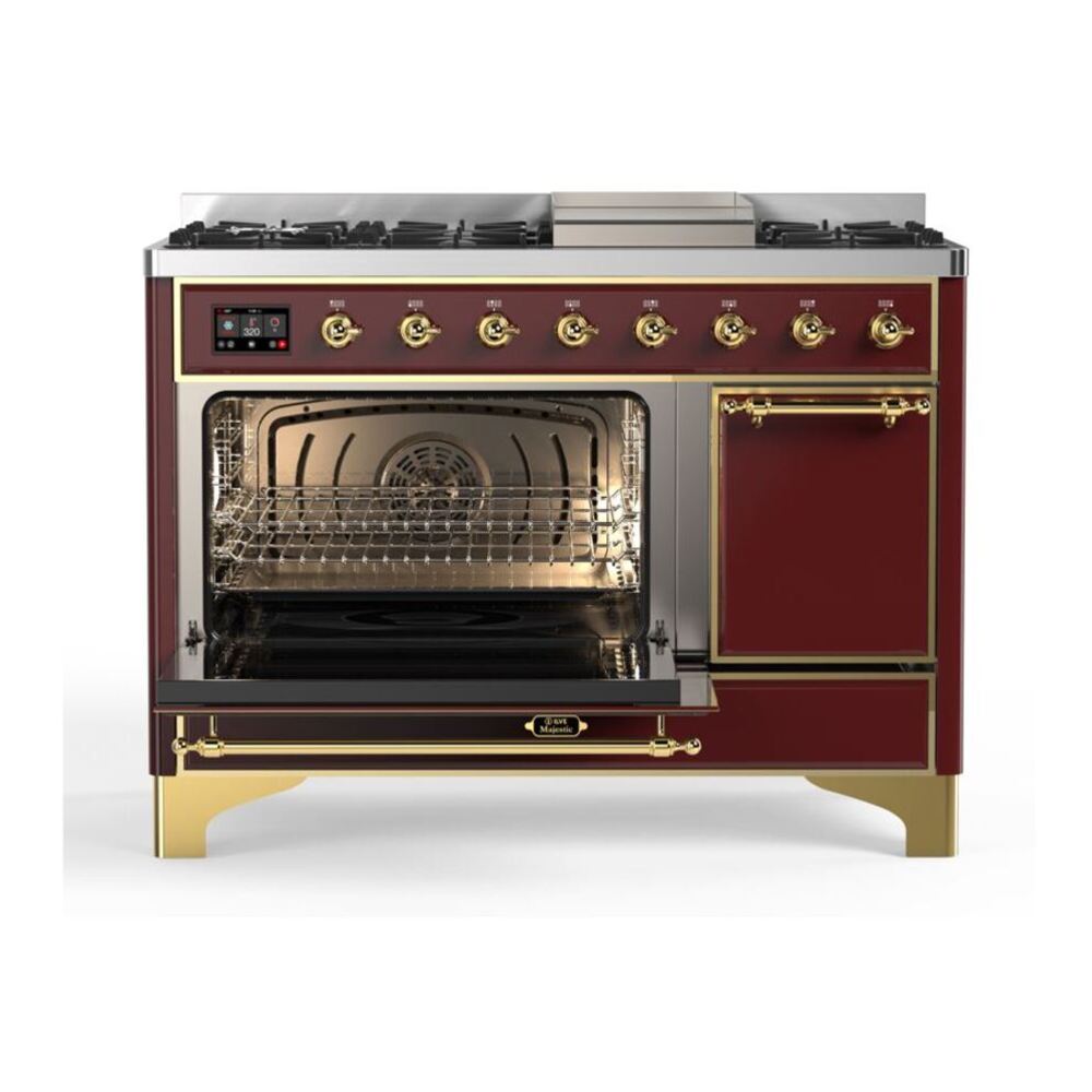 ILVE UM12FDQNS3BUGLP Majestic II 48 inch Dual Fuel Range with 8 Black Brass Burners, Griddle (Liquid Propane, Solid Door, Burgundy, Brass) 7 ILVE_UM12FDQNS3BUGLP_Majestic_II_48"_Dual_Fuel_Range_Left_Angle