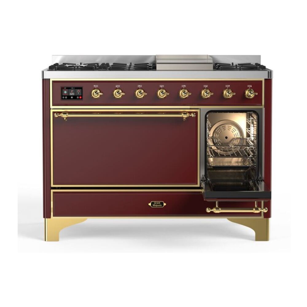 ILVE UM12FDQNS3BUGLP Majestic II 48 inch Dual Fuel Range with 8 Black Brass Burners, Griddle (Liquid Propane, Solid Door, Burgundy, Brass) 8 ILVE_UM12FDQNS3BUGLP_Majestic_II_48"_Dual_Fuel_Range_Right_Angle