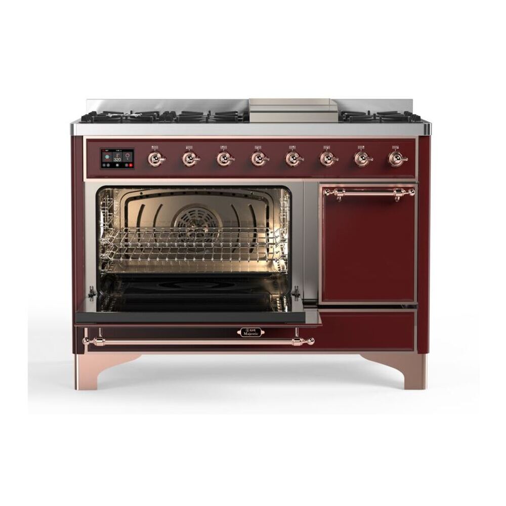 ILVE UM12FDQNS3BUPLP Majestic II 48 inch Dual Fuel Range with 8 Black Brass Burners, Griddle (Liquid Propane, Solid Door, Burgundy, Copper) 7 ILVE_UM12FDQNS3BUPLP_Majestic_II_48"_Dual_Fuel_Range_Left_Angle