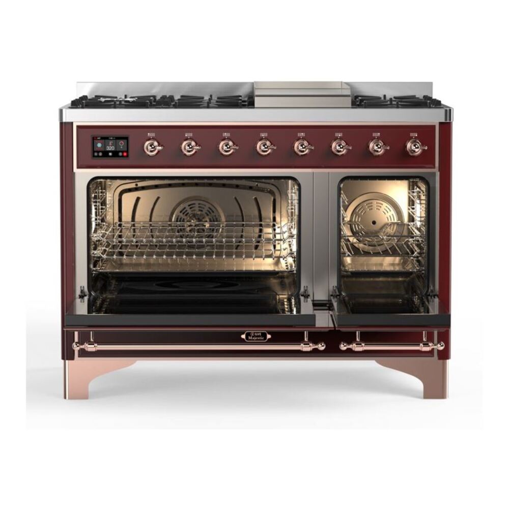 ILVE UM12FDQNS3BUP Majestic II 48 inch Dual Fuel Range with 8 Black Brass Burners, Griddle (Natural Gas, Solid Door, Burgundy, Copper) 5 ILVE_UM12FDQNS3BUP_Majestic_II_48_Dual_Fuel_Range_Top_Angle