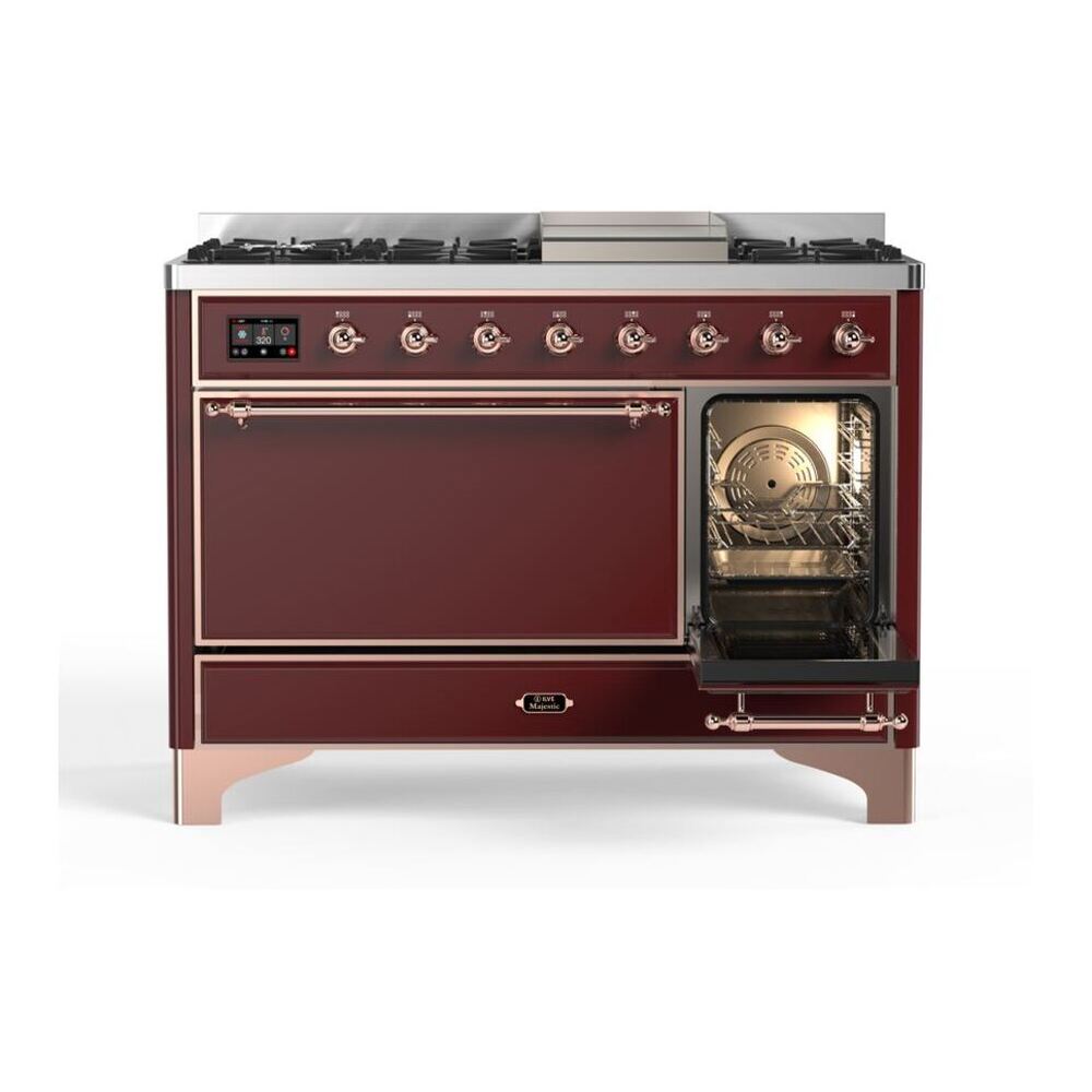 ILVE UM12FDQNS3BUP Majestic II 48 inch Dual Fuel Range with 8 Black Brass Burners, Griddle (Natural Gas, Solid Door, Burgundy, Copper) 8 ILVE_UM12FDQNS3BUP_Majestic_II_48"_Dual_Fuel_Range_Right_Angle
