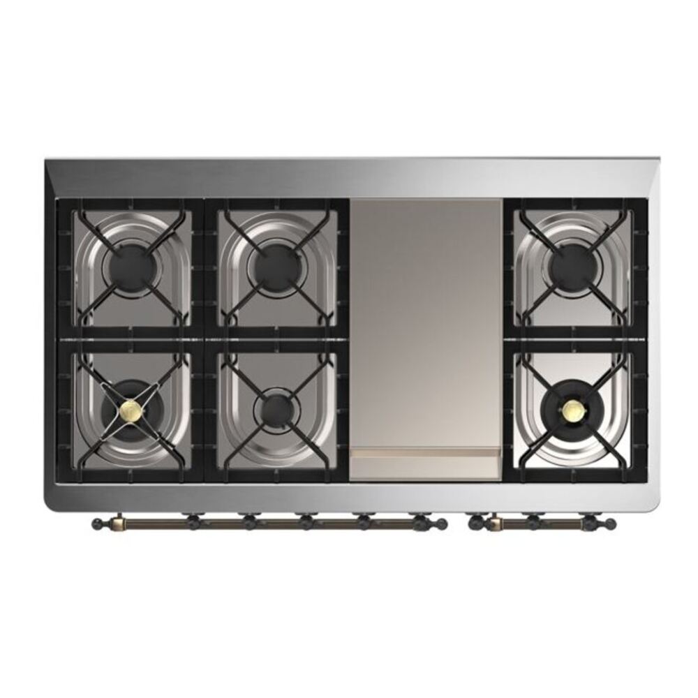 ILVE UM12FDQNS3EGBLP Majestic II 48 inch Dual Fuel Range with 8 Black Brass Burners, Griddle (Liquid Propane, Solid Door, Emerald Green, Burnished) 12 ILVE UM12F Majestic II 48 inch Dual Fuel Range with 8 Burners, Griddle