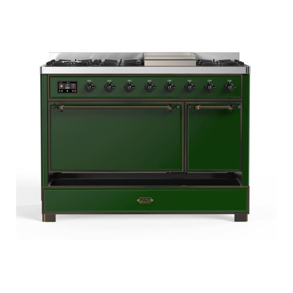 ILVE UM12FDQNS3EGBLP Majestic II 48 inch Dual Fuel Range with 8 Black Brass Burners, Griddle (Liquid Propane, Solid Door, Emerald Green, Burnished) 9 ILVE UM12F Majestic II 48 inch Dual Fuel Range with 8 Burners, Griddle