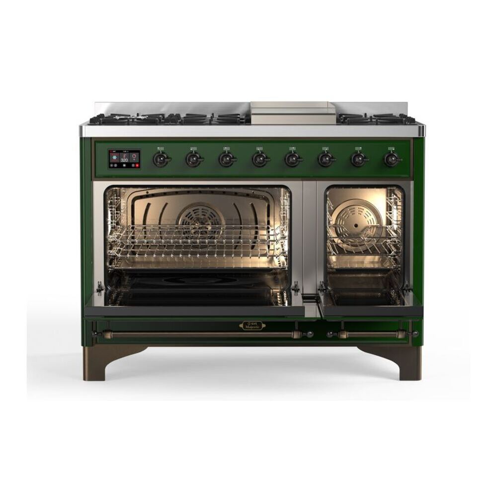 ILVE UM12FDQNS3EGB Majestic II 48 inch Dual Fuel Range with 8 Black Brass Burners, Griddle (Natural Gas, Solid Door, Emerald Green, Burnished) 5 ILVE_UM12FDQNS3EGB_Majestic_II_48_Dual_Fuel_Range_Top_Angle