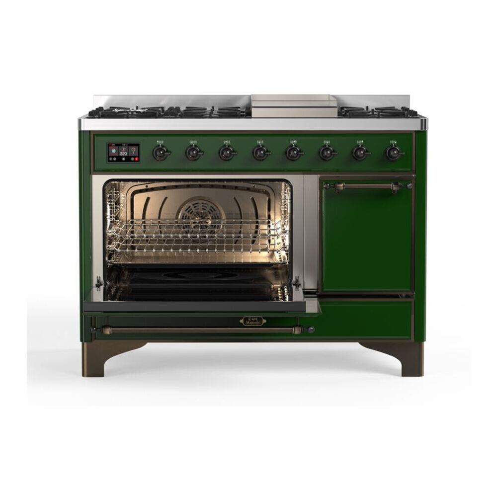 ILVE UM12FDQNS3EGB Majestic II 48 inch Dual Fuel Range with 8 Black Brass Burners, Griddle (Natural Gas, Solid Door, Emerald Green, Burnished) 7 ILVE_UM12FDQNS3EGB_Majestic_II_48_Dual_Fuel_Range_Left_Angle
