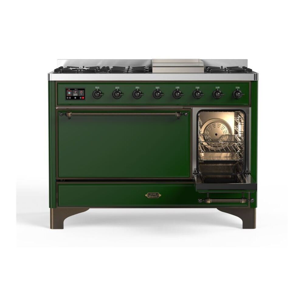 ILVE UM12FDQNS3EGB Majestic II 48 inch Dual Fuel Range with 8 Black Brass Burners, Griddle (Natural Gas, Solid Door, Emerald Green, Burnished) 8 ILVE_UM12FDQNS3EGB_Majestic_II_48"_Dual_Fuel_Range_Right_Angle