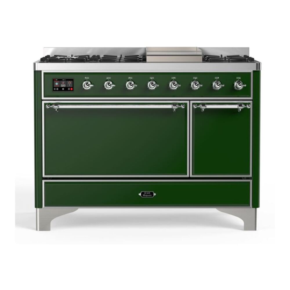 ILVE UM12FDQNS3EGCLP Majestic II 48 inch Dual Fuel Range with 8 Black Brass Burners, Griddle (Liquid Propane, Solid Door, Emerald Green, Chrome) 1 UM12FDQNS3EGCLP