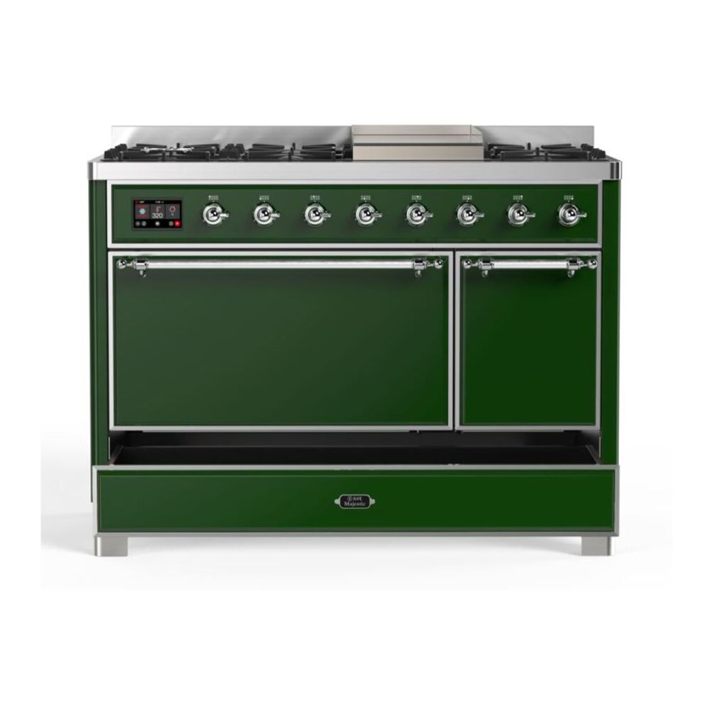 ILVE UM12FDQNS3EGCLP Majestic II 48 inch Dual Fuel Range with 8 Black Brass Burners, Griddle (Liquid Propane, Solid Door, Emerald Green, Chrome) 9 ILVE UM12F Majestic II 48 inch Dual Fuel Range with 8 Burners, Griddle