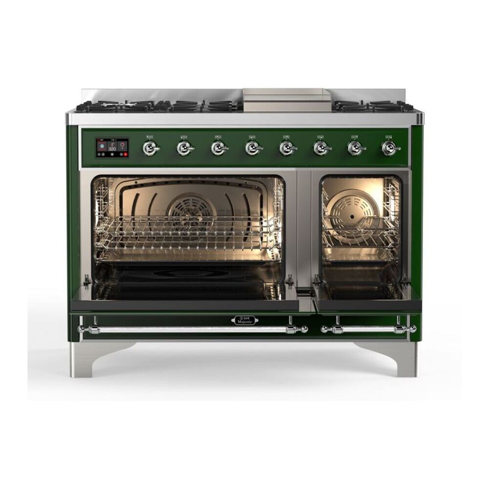 ILVE UM12FDQNS3EGC Majestic II 48 inch Dual Fuel Range with 8 Black Brass Burners, Griddle (Natural Gas, Solid Door, Emerald Green, Chrome) 5 ILVE_UM12FDQNS3EGC_Majestic_II_48_Dual_Fuel_Range_Top_Angle