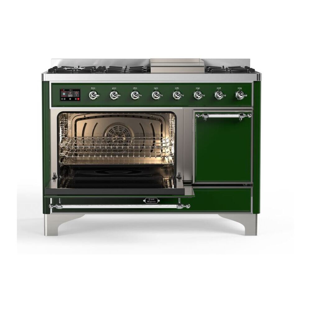 ILVE UM12FDQNS3EGC Majestic II 48 inch Dual Fuel Range with 8 Black Brass Burners, Griddle (Natural Gas, Solid Door, Emerald Green, Chrome) 6 ILVE_UM12FDQNS3EGC_Majestic_II_48_Dual_Fuel_Range_Left_Angle
