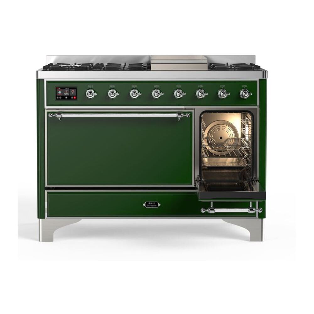 ILVE UM12FDQNS3EGC Majestic II 48 inch Dual Fuel Range with 8 Black Brass Burners, Griddle (Natural Gas, Solid Door, Emerald Green, Chrome) 7 ILVE_UM12FDQNS3EGC_Majestic_II_48"_Dual_Fuel_Range_Right_Angle