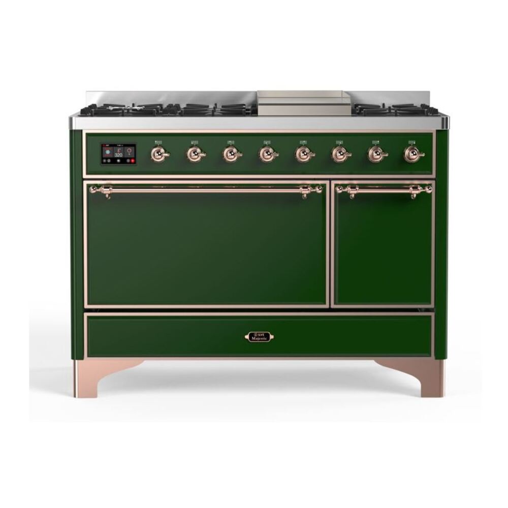 ILVE UM12FDQNS3EGPLP Majestic II 48 inch Dual Fuel Range with 8 Black Brass Burners, Griddle (Liquid Propane, Solid Door, Emerald Green, Copper) 1 UM12FDQNS3EGPLP
