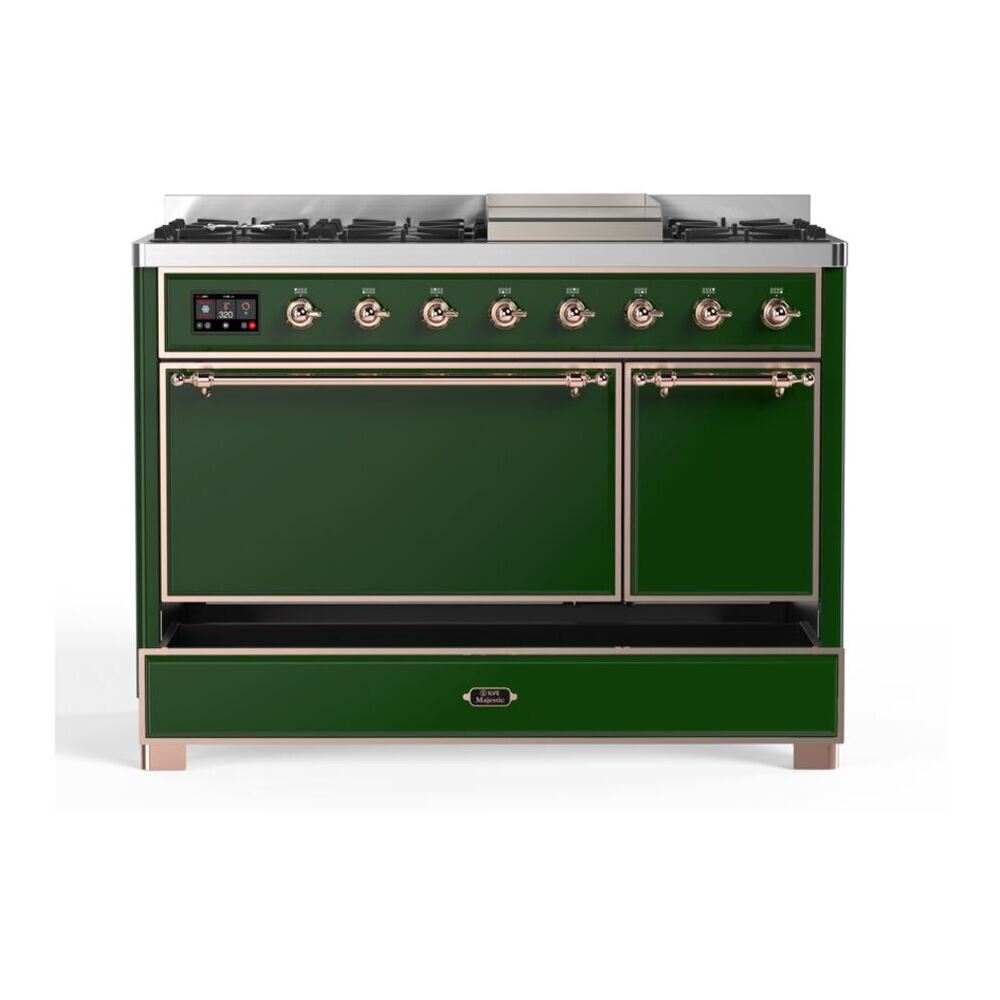 ILVE UM12FDQNS3EGPLP Majestic II 48 inch Dual Fuel Range with 8 Black Brass Burners, Griddle (Liquid Propane, Solid Door, Emerald Green, Copper) 9 ILVE UM12F Majestic II 48 inch Dual Fuel Range with 8 Burners, Griddle