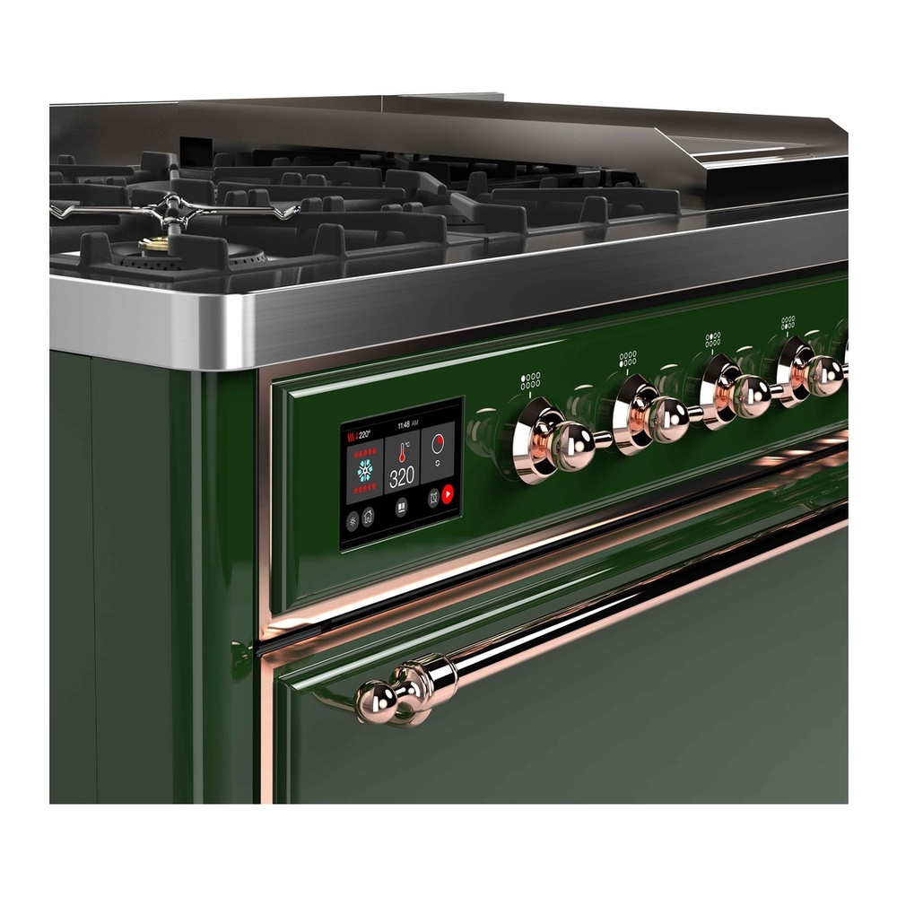 ILVE UM12FDQNS3EGPLP Majestic II 48 inch Dual Fuel Range with 8 Black Brass Burners, Griddle (Liquid Propane, Solid Door, Emerald Green, Copper) 8 ILVE UM12F Majestic II 48 inch Dual Fuel Range with 8 Burners, Griddle