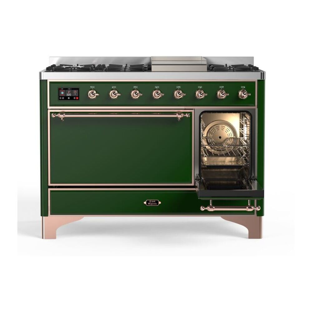 ILVE UM12FDQNS3EGPLP Majestic II 48 inch Dual Fuel Range with 8 Black Brass Burners, Griddle (Liquid Propane, Solid Door, Emerald Green, Copper) 7 ILVE_UM12FDQNS3EGPLP_Majestic_II_48"_Dual_Fuel_Range_Right_Angle