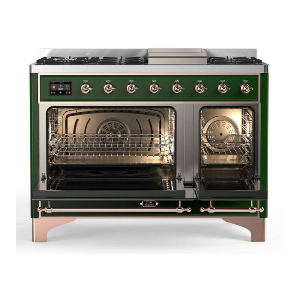 ILVE UM12FDQNS3EGP Majestic II 48 inch Dual Fuel Range with 8 Black Brass Burners, Griddle (Natural Gas, Solid Door, Emerald Green, Copper) 5 ILVE_UM12FDQNS3EGP_Majestic_II_48_Dual_Fuel_Range_Top_Angle