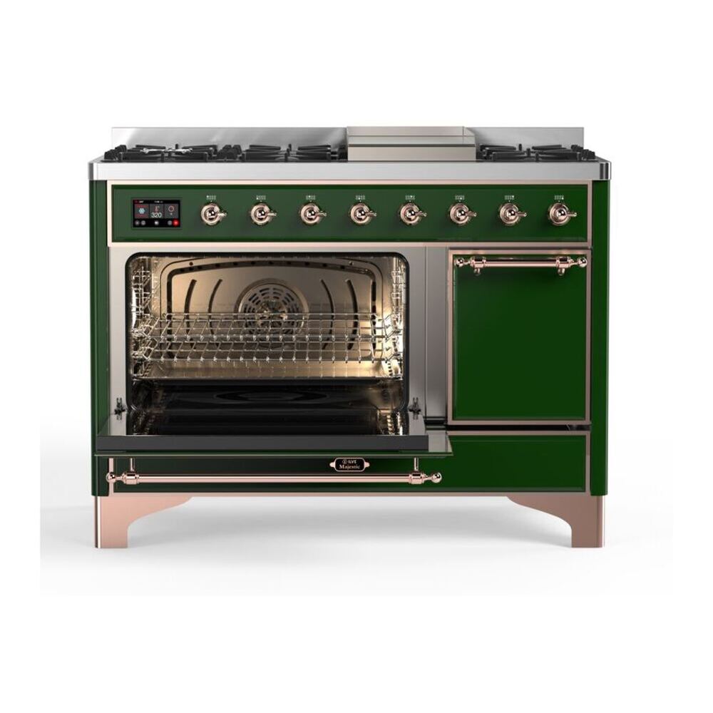 ILVE UM12FDQNS3EGP Majestic II 48 inch Dual Fuel Range with 8 Black Brass Burners, Griddle (Natural Gas, Solid Door, Emerald Green, Copper) 6 ILVE_UM12FDQNS3EGP_Majestic_II_48_Dual_Fuel_Range_Left_Angle