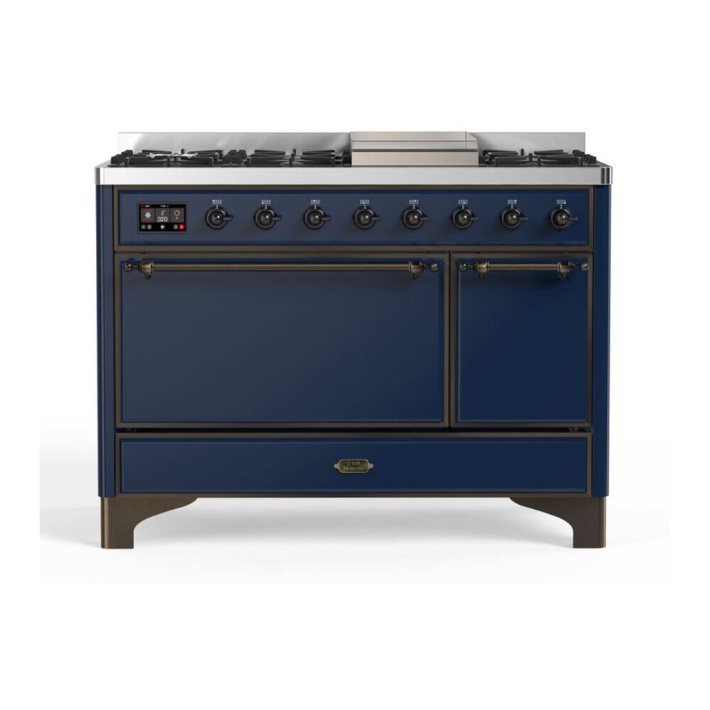 ILVE UM12FDQNS3MBBLP Majestic II 48 inch Dual Fuel Range with 8 Black Brass Burners, Griddle (Liquid Propane, Solid Door, Midnight Blue, Burnished) 1 UM12FDQNS3MBBLP