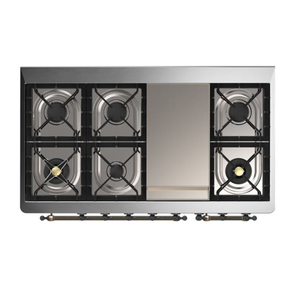 ILVE UM12FDQNS3MBBLP Majestic II 48 inch Dual Fuel Range with 8 Black Brass Burners, Griddle (Liquid Propane, Solid Door, Midnight Blue, Burnished) 12 ILVE UM12F Majestic II 48 inch Dual Fuel Range with 8 Burners, Griddle