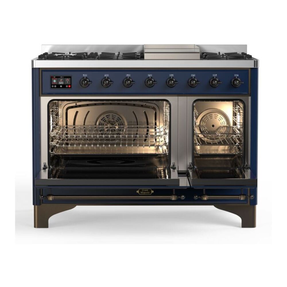 ILVE UM12FDQNS3MBBLP Majestic II 48 inch Dual Fuel Range with 8 Black Brass Burners, Griddle (Liquid Propane, Solid Door, Midnight Blue, Burnished) 5 ILVE_UM12FDQNS3MBBLP_Majestic_II_48"_Dual_Fuel_Range_Top_Angle