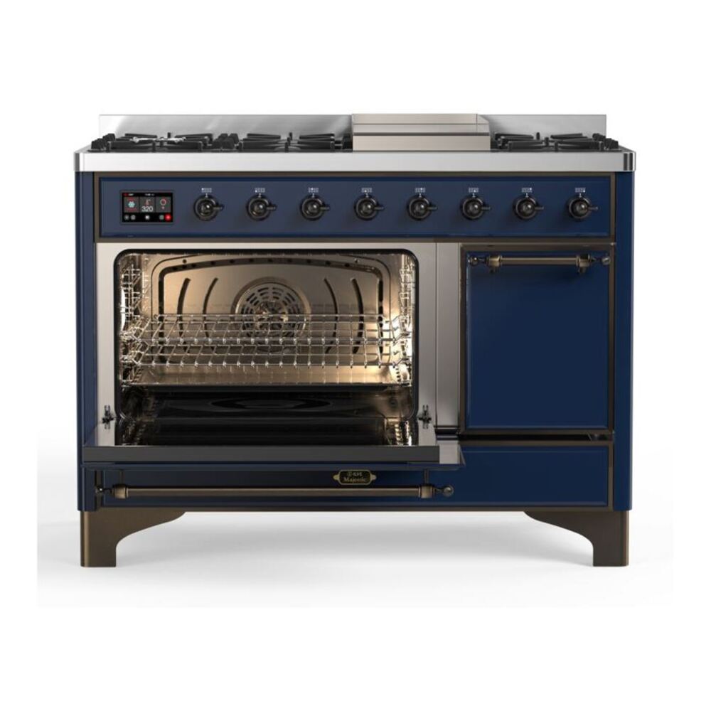 ILVE UM12FDQNS3MBB Majestic II 48 inch Dual Fuel Range with 8 Black Brass Burners, Griddle (Natural Gas, Solid Door, Midnight Blue, Burnished) 7 ILVE_UM12FDQNS3MBB_Majestic_II_48"_Dual_Fuel_Range_Left_Angle