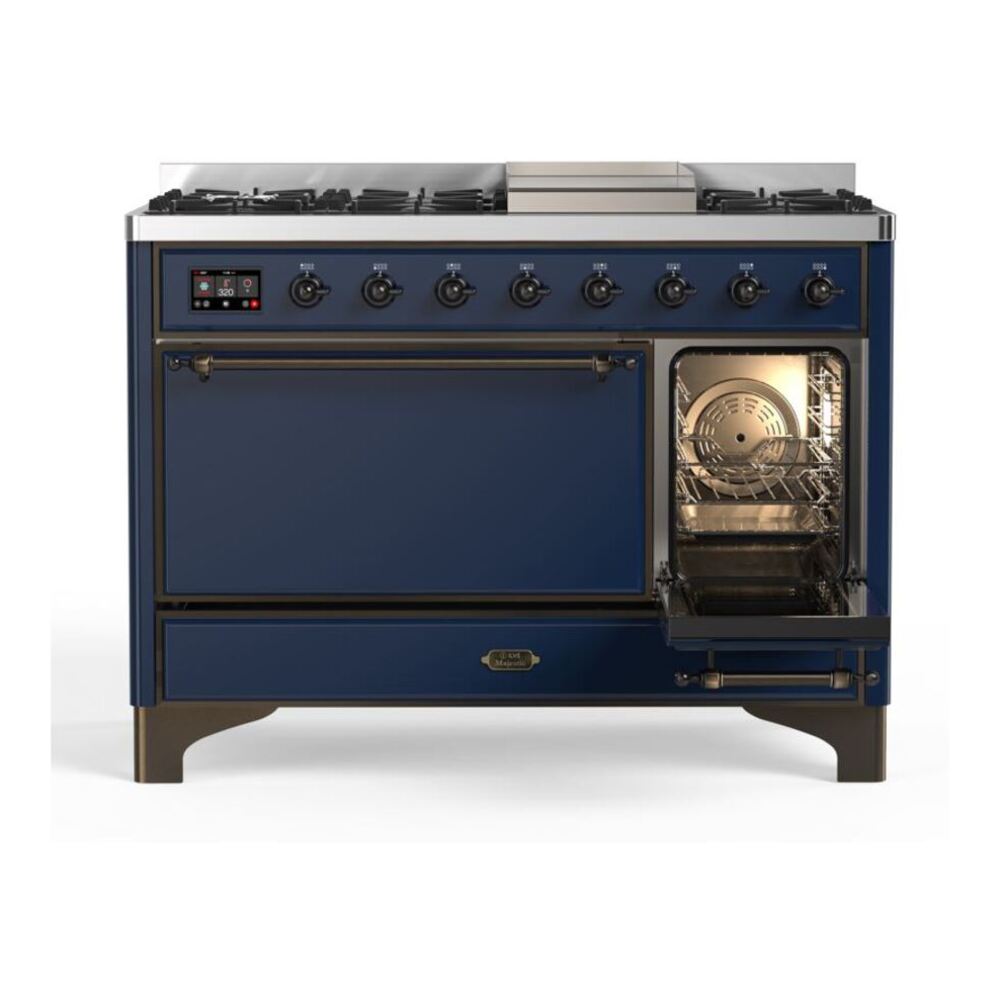 ILVE UM12FDQNS3MBB Majestic II 48 inch Dual Fuel Range with 8 Black Brass Burners, Griddle (Natural Gas, Solid Door, Midnight Blue, Burnished) 8 ILVE_UM12FDQNS3MBB_Majestic_II_48"_Dual_Fuel_Range_Right_Angle