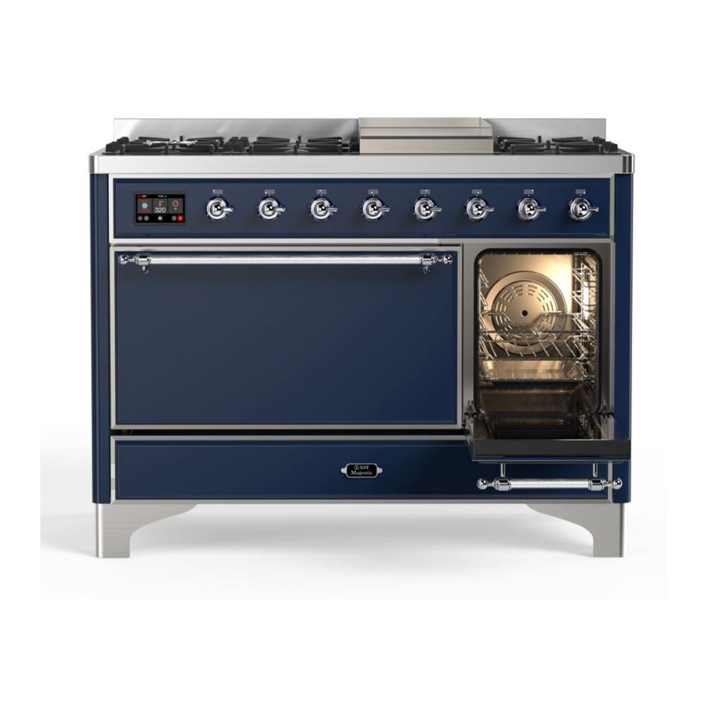 ILVE UM12F Majestic II 48 inch Dual Fuel Range with 8 Black Brass Burners, Griddle
