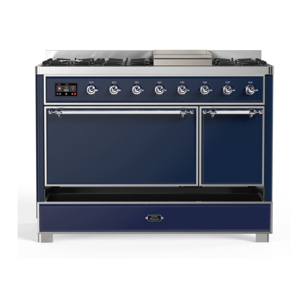 ILVE UM12F Majestic II 48 inch Dual Fuel Range with 8 Black Brass Burners, Griddle