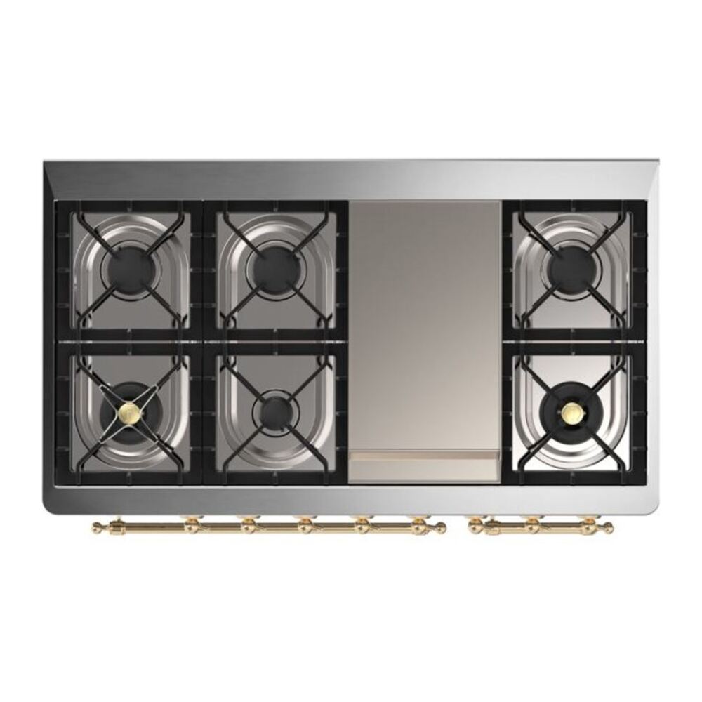ILVE UM12FDQNS3MBGLP Majestic II 48 inch Dual Fuel Range with 8 Black Brass Burners, Griddle (Liquid Propane, Solid Door, Midnight Blue, Brass) 12 ILVE UM12F Majestic II 48 inch Dual Fuel Range with 8 Burners, Griddle