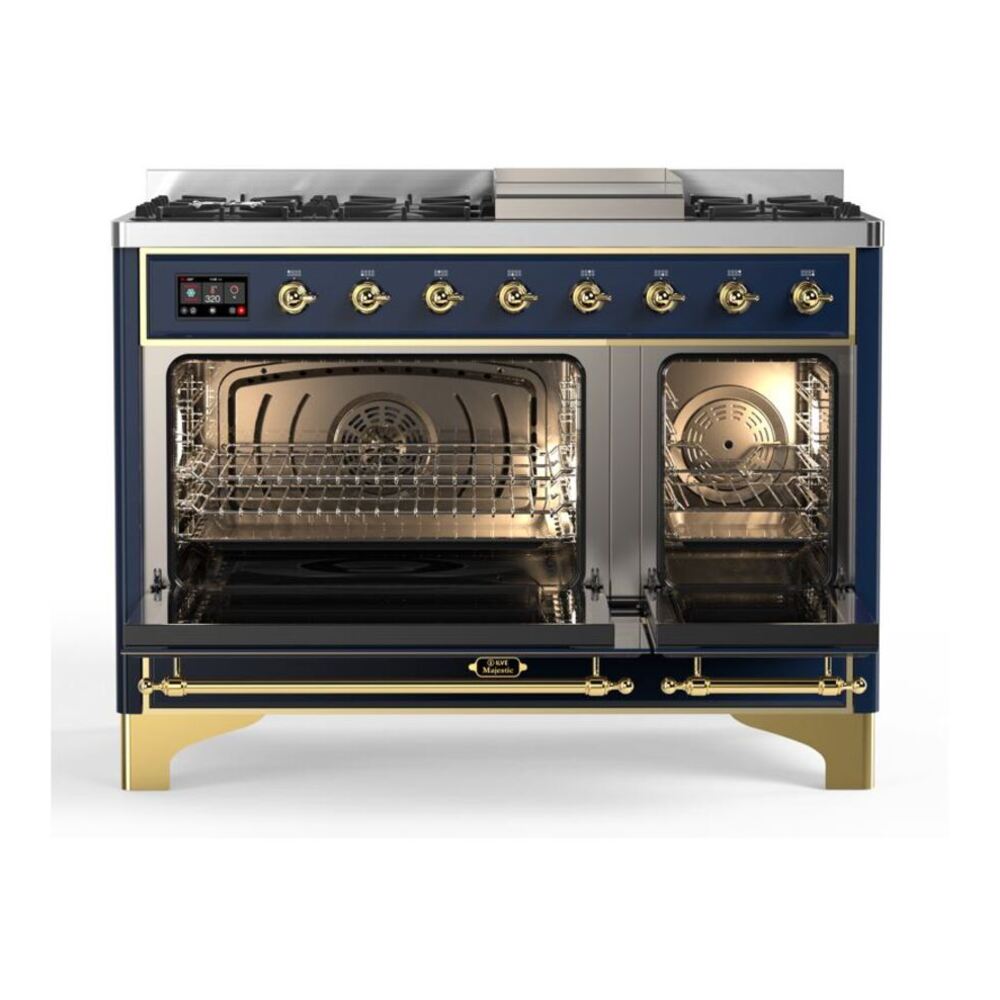 ILVE UM12FDQNS3MBGLP Majestic II 48 inch Dual Fuel Range with 8 Black Brass Burners, Griddle (Liquid Propane, Solid Door, Midnight Blue, Brass) 5 ILVE_UM12FDQNS3MBGLP_Majestic_II_48"_Dual_Fuel_Range_Top_Angle