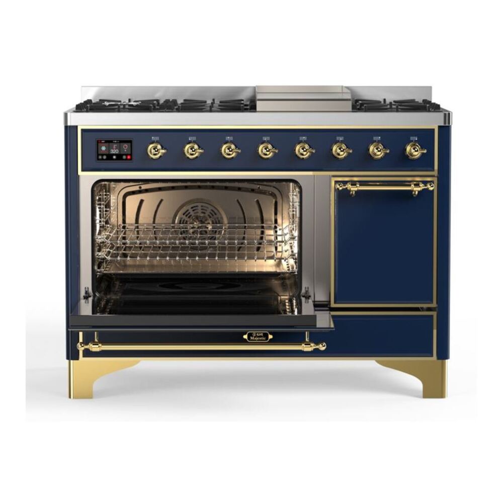 ILVE UM12FDQNS3MBGLP Majestic II 48 inch Dual Fuel Range with 8 Black Brass Burners, Griddle (Liquid Propane, Solid Door, Midnight Blue, Brass) 7 ILVE_UM12FDQNS3MBGLP_Majestic_II_48"_Dual_Fuel_Range_Left_Angle