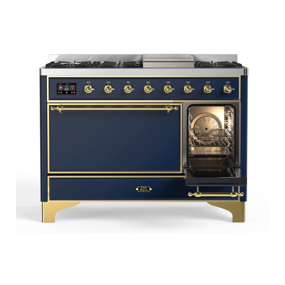 ILVE UM12FDQNS3MBGLP Majestic II 48 inch Dual Fuel Range with 8 Black Brass Burners, Griddle (Liquid Propane, Solid Door, Midnight Blue, Brass) 8 ILVE_UM12FDQNS3MBGLP_Majestic_II_48"_Dual_Fuel_Range_Right_Angle