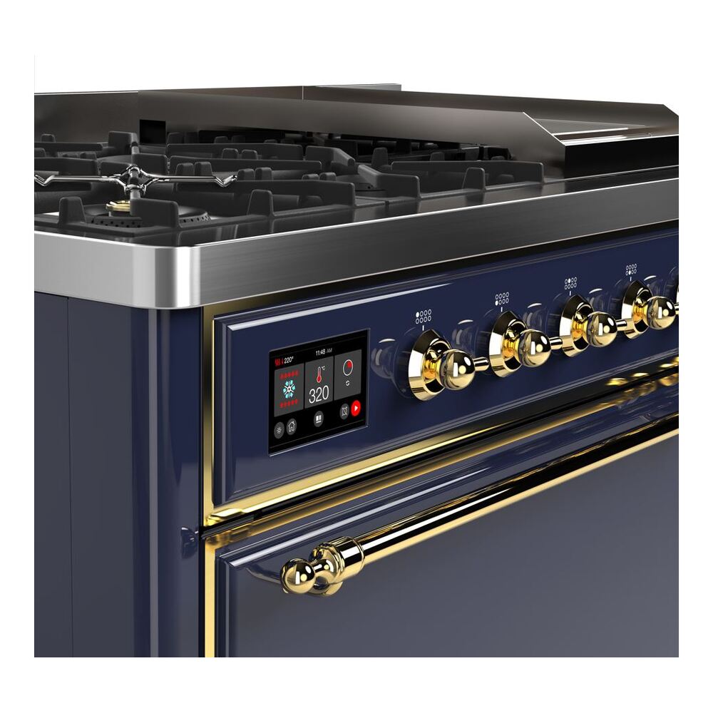 ILVE UM12F Majestic II 48 inch Dual Fuel Range with 8 Black Brass Burners, Griddle