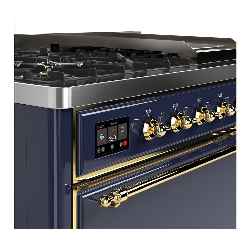 ILVE UM12FDQNS3MBGLP Majestic II 48 inch Dual Fuel Range with 8 Black Brass Burners, Griddle (Liquid Propane, Solid Door, Midnight Blue, Brass) 6 ILVE UM12F Majestic II 48 inch Dual Fuel Range with 8 Black Brass Burners, Griddle