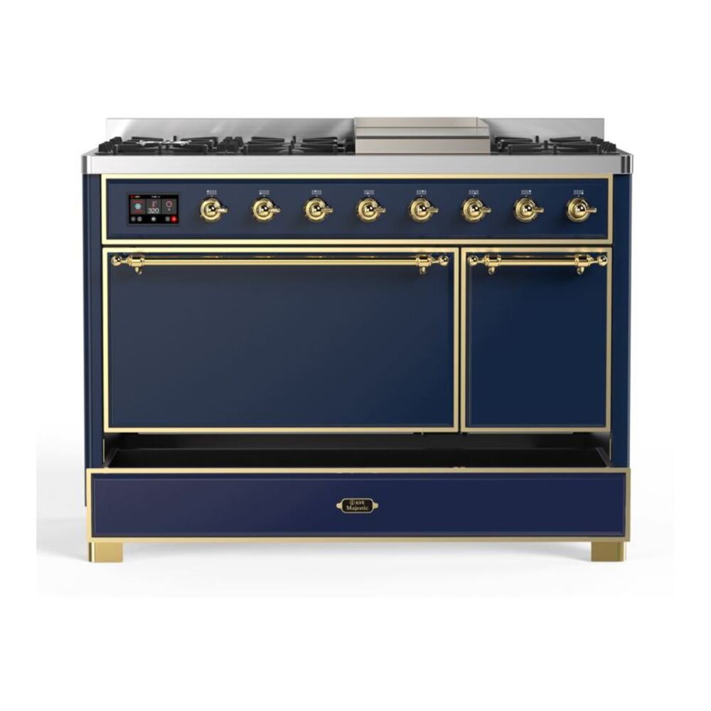 ILVE UM12FDQNS3MBGLP Majestic II 48 inch Dual Fuel Range with 8 Black Brass Burners, Griddle (Liquid Propane, Solid Door, Midnight Blue, Brass) 9 ILVE UM12F Majestic II 48 inch Dual Fuel Range with 8 Black Brass Burners, Griddle